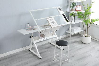 WHITE Adjustable Tempered Glass Drafting Printing Table With Chair