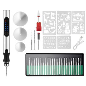 1Set Electric Engraving Pen With 33Pcs Burr Bits 5Pcs Stencils 3 Gears Speed Rechargeable Cordless Professional Engraver Etching Machine For Jewe (Color: Silver)