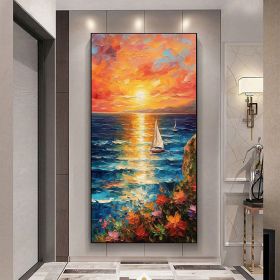 Hand Painted Original Nautical Oil Painting On Canvas Large Wall Art Abstract Ocean Sunset Landscape Painting Custom Painting Living Room Wall Decor (Style: 1, size: 100x200cm)